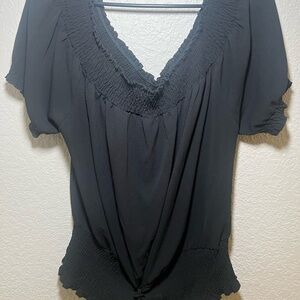 Zenana Outfitters Black Smocked Tie Front Blouse